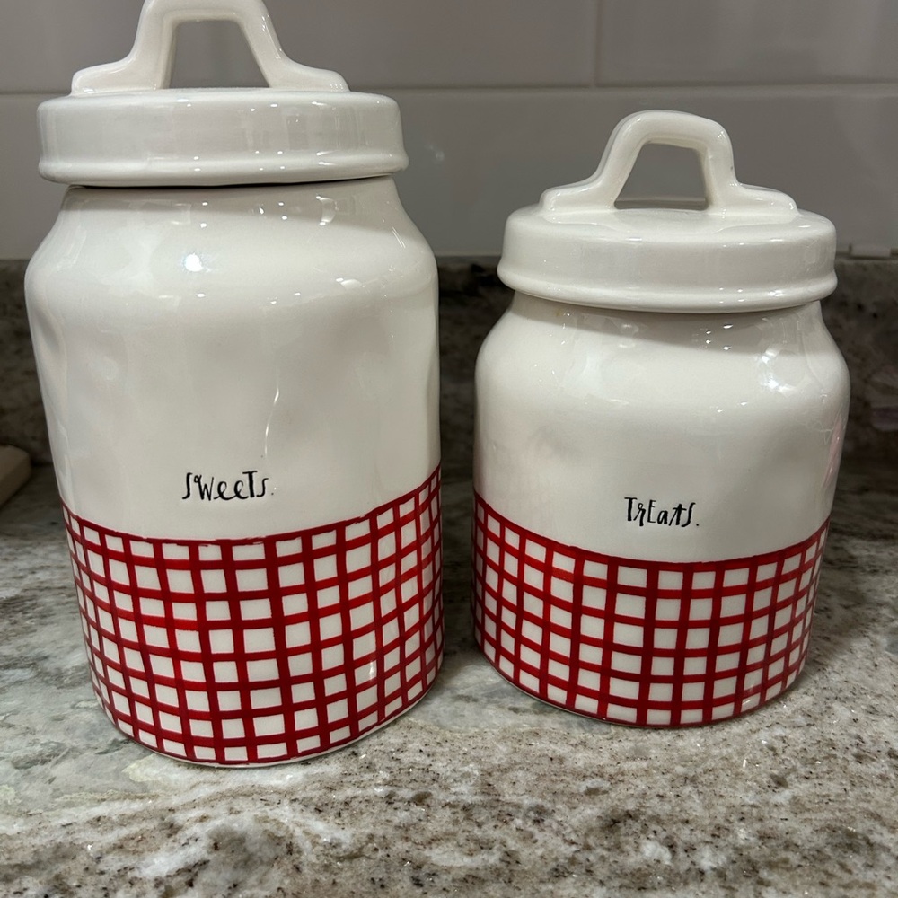 Rae Dunn Red and White Gingham Ceramic Canisters